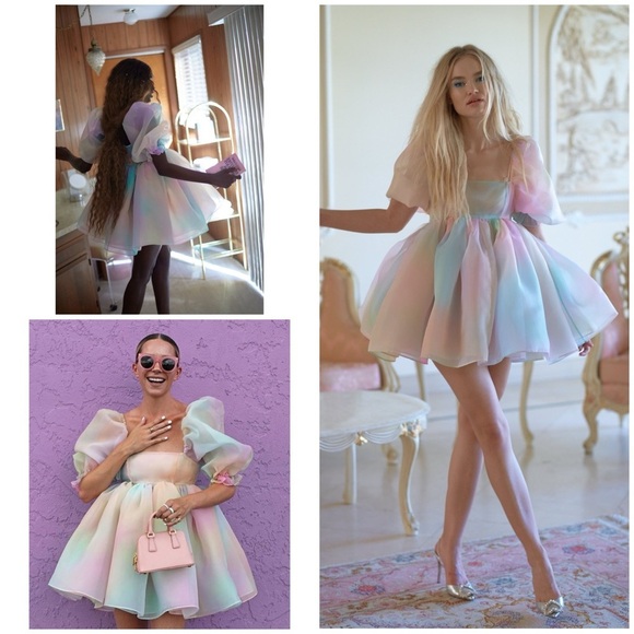 Selkie Dresses & Skirts - EUC Selkie The Rainbow Chiffon Organza Fairy Colors Puff Sleeves Mini Dress L